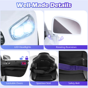 Collage of car features including LED headlights, rotating rearview mirrors, lockable doors, spacious seat, and safety belt.