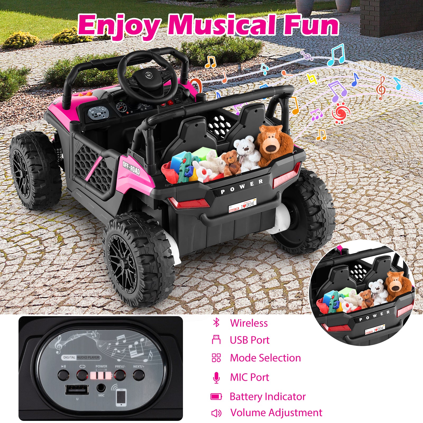 Children's toy car with stuffed animals on a stone surface, featuring musical notes and control panel details.