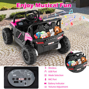 Children's toy car with stuffed animals on a stone surface, featuring musical notes and control panel details.