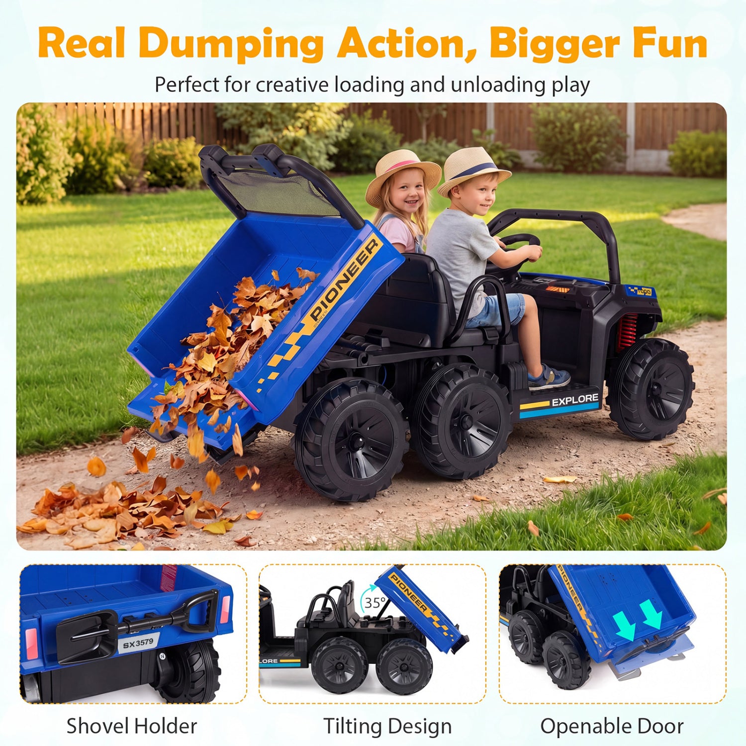 Children playing with a toy dump truck in a backyard, with features highlighted at the bottom.