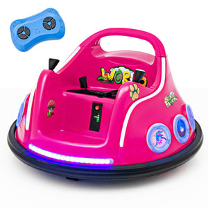 Pink bumper car with colorful lights and a blue remote control on a white background