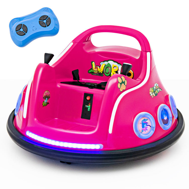 Pink bumper car with colorful lights and a blue remote control on a white background