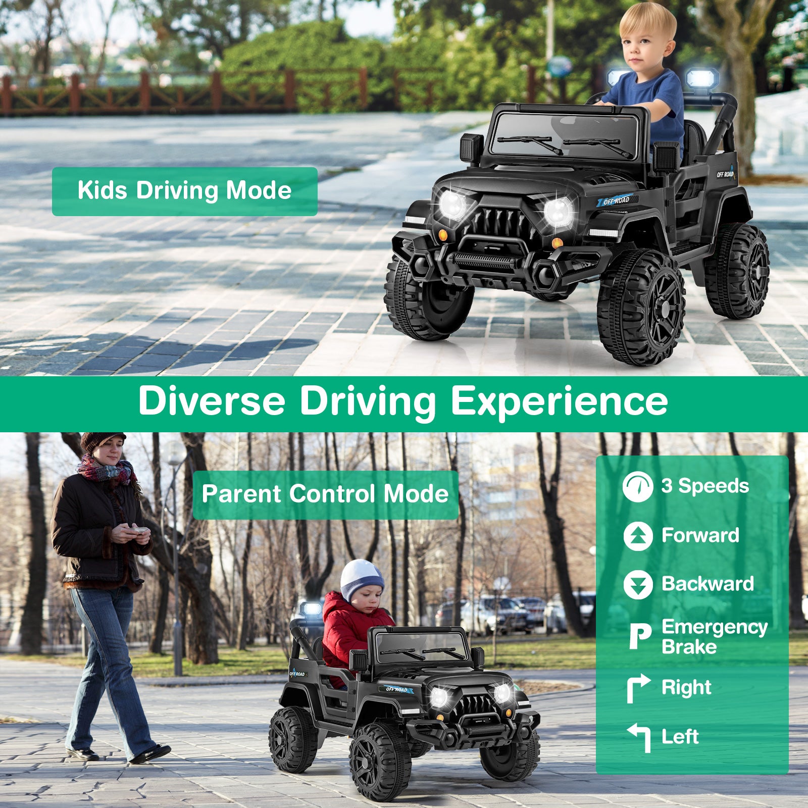 Children's toy car with parental control features on a sidewalk.