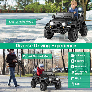 Children's toy car with parental control features on a sidewalk.