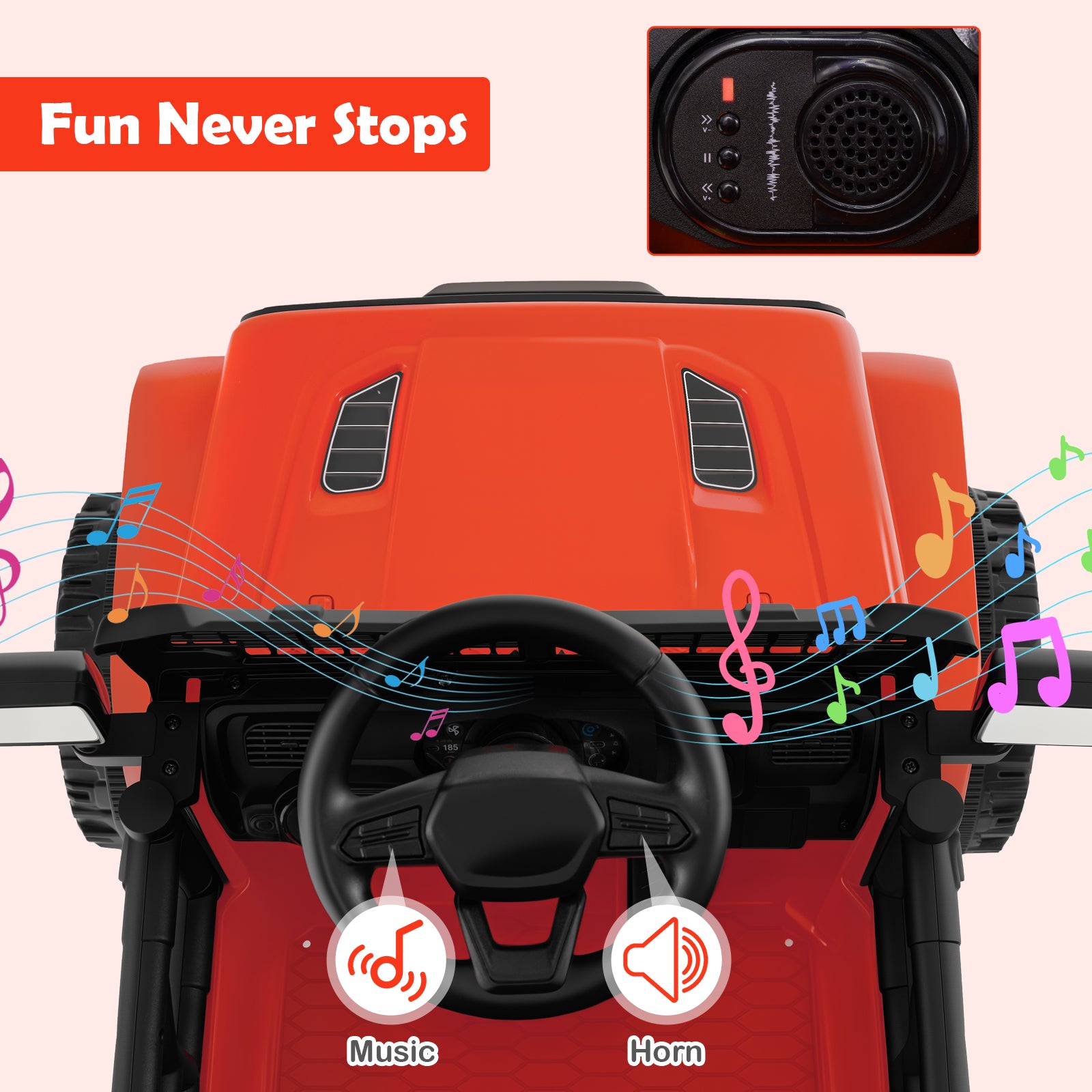 Red toy car with steering wheel, music and horn icons, and a small speaker on a pink background.