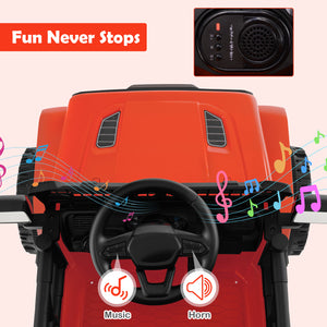 Red toy car with steering wheel, music and horn icons, and a small speaker on a pink background.