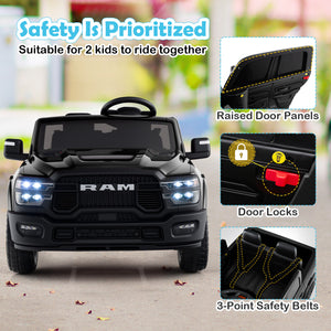 Black toy truck with safety features highlighted, suitable for 2 kids to ride together.