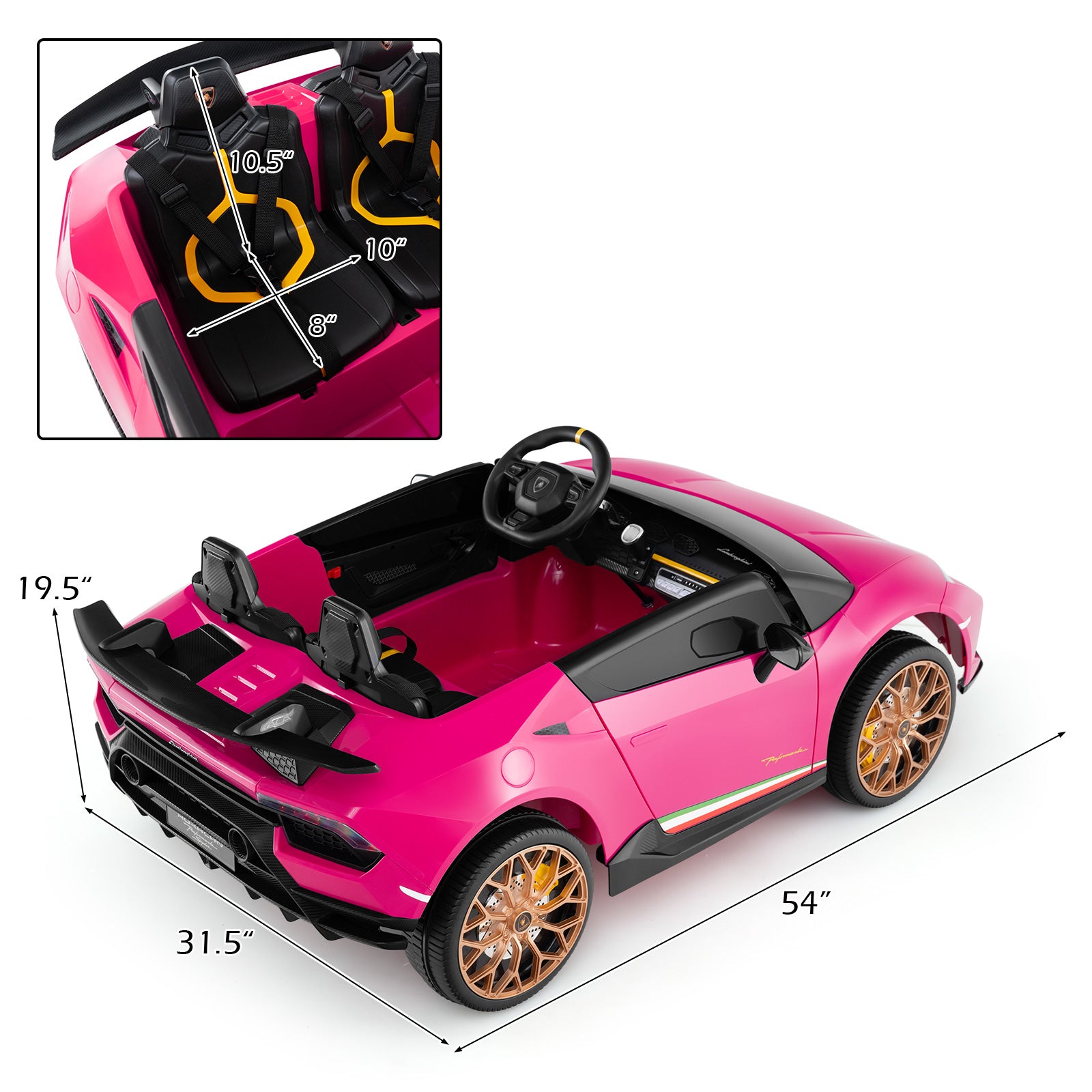 Pink toy car with dimensions and inset showing interior details on a white background