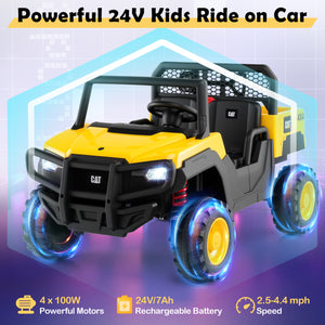 Yellow and black kids ride-on car with glowing wheels on a white background