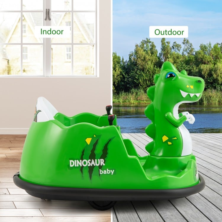 Green dinosaur-shaped baby bumper car with indoor and outdoor labels.