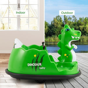 Green dinosaur-shaped baby bumper car with indoor and outdoor labels.