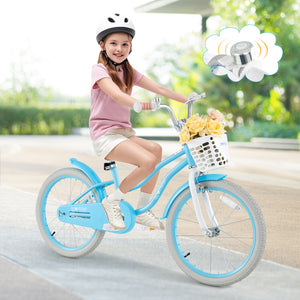 Child riding a blue bicycle with a basket full of flowers, wearing a helmet.