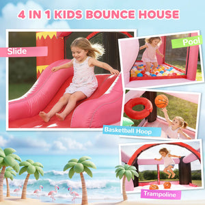 Collage of a 4-in-1 kids bounce house with slide, pool, basketball hoop, and trampoline features.
