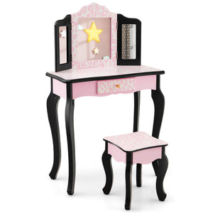 Kids Vanity Set with Tri-Folding Mirror & Stylish Leopard Print - Perfect for Play