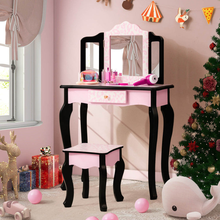 Kids Vanity Set with Tri-Folding Mirror & Stylish Leopard Print - Perfect for Play