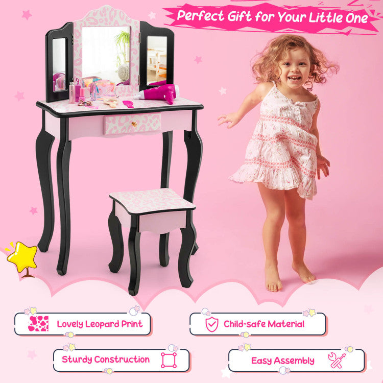 Kids Vanity Set with Tri-Folding Mirror & Stylish Leopard Print - Perfect for Play