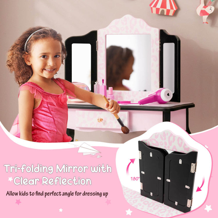 Kids Vanity Set with Tri-Folding Mirror & Stylish Leopard Print - Perfect for Play