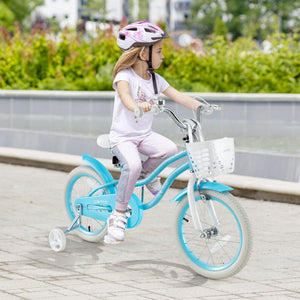 Child riding a blue bicycle with training wheels on a paved path.