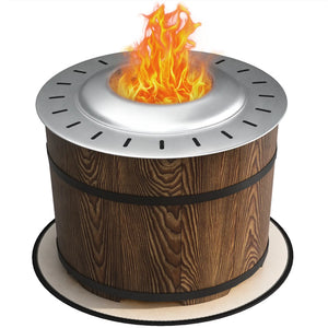 Wooden barrel-style fire pit with flames on a white background
