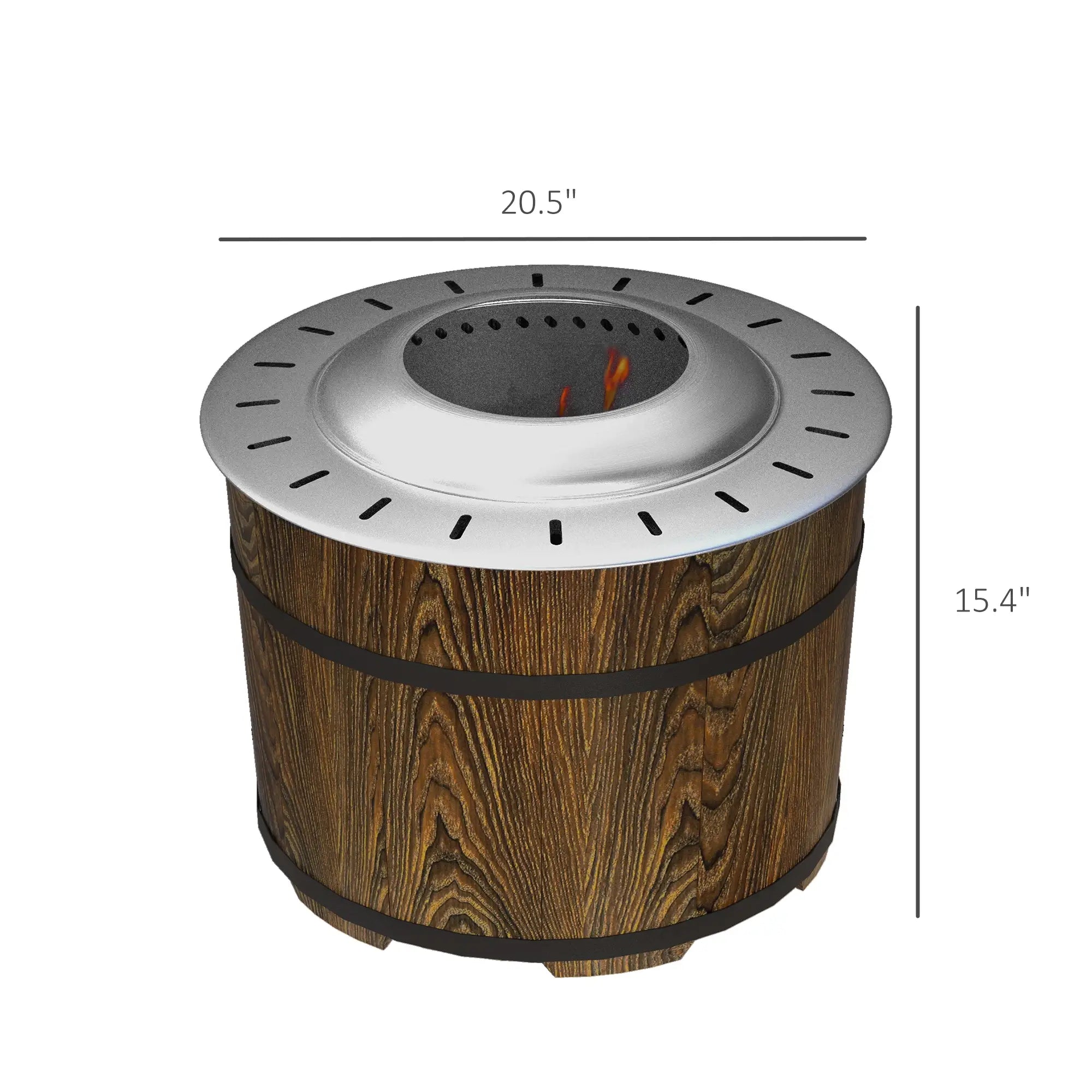 Wooden barrel-style fire pit with dimensions on a white background