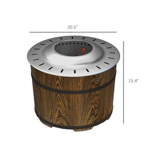 Wooden barrel-style fire pit with dimensions on a white background