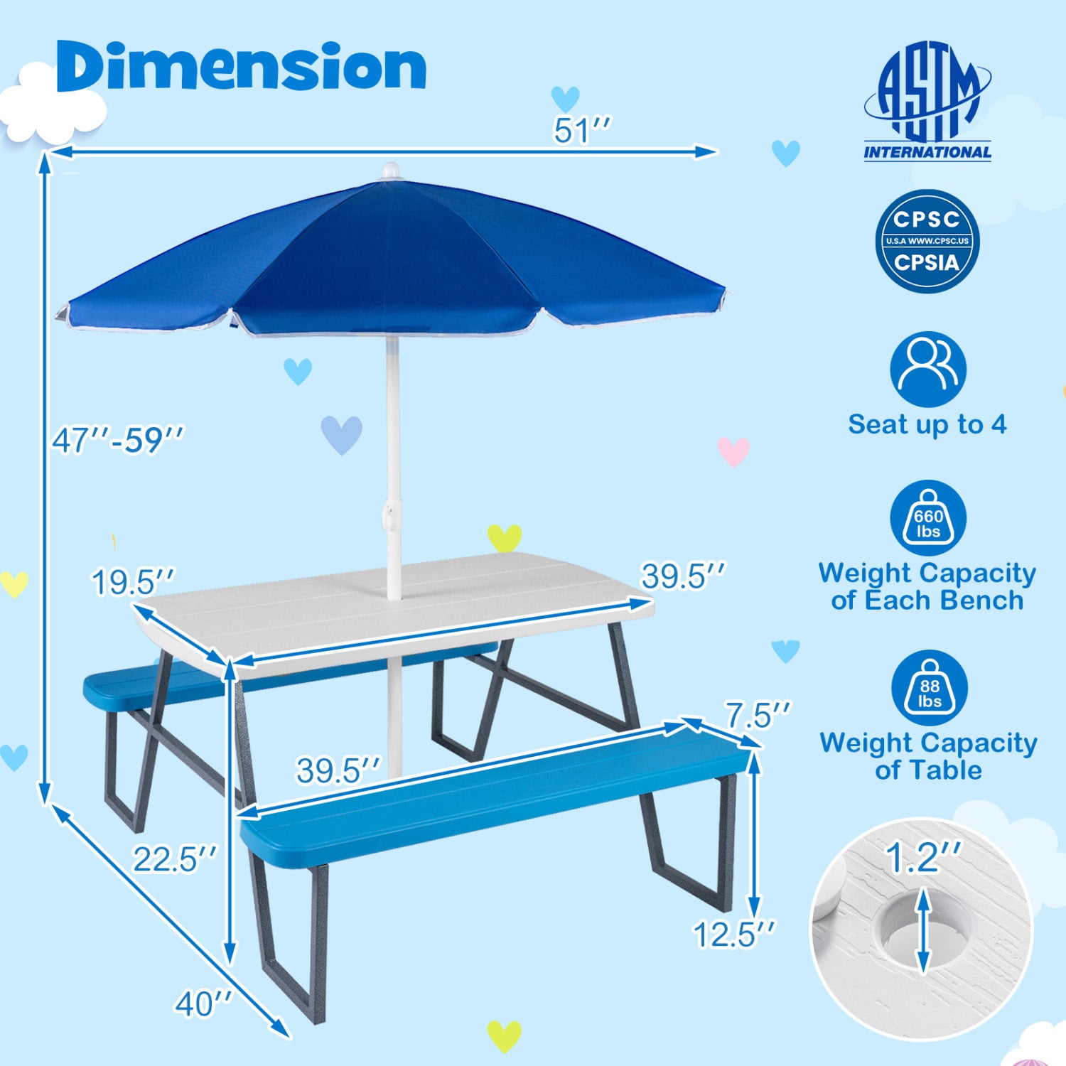 Picnic table with blue umbrella and dimensions on a blue background