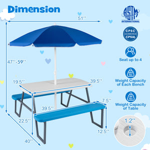 Picnic table with blue umbrella and dimensions on a blue background