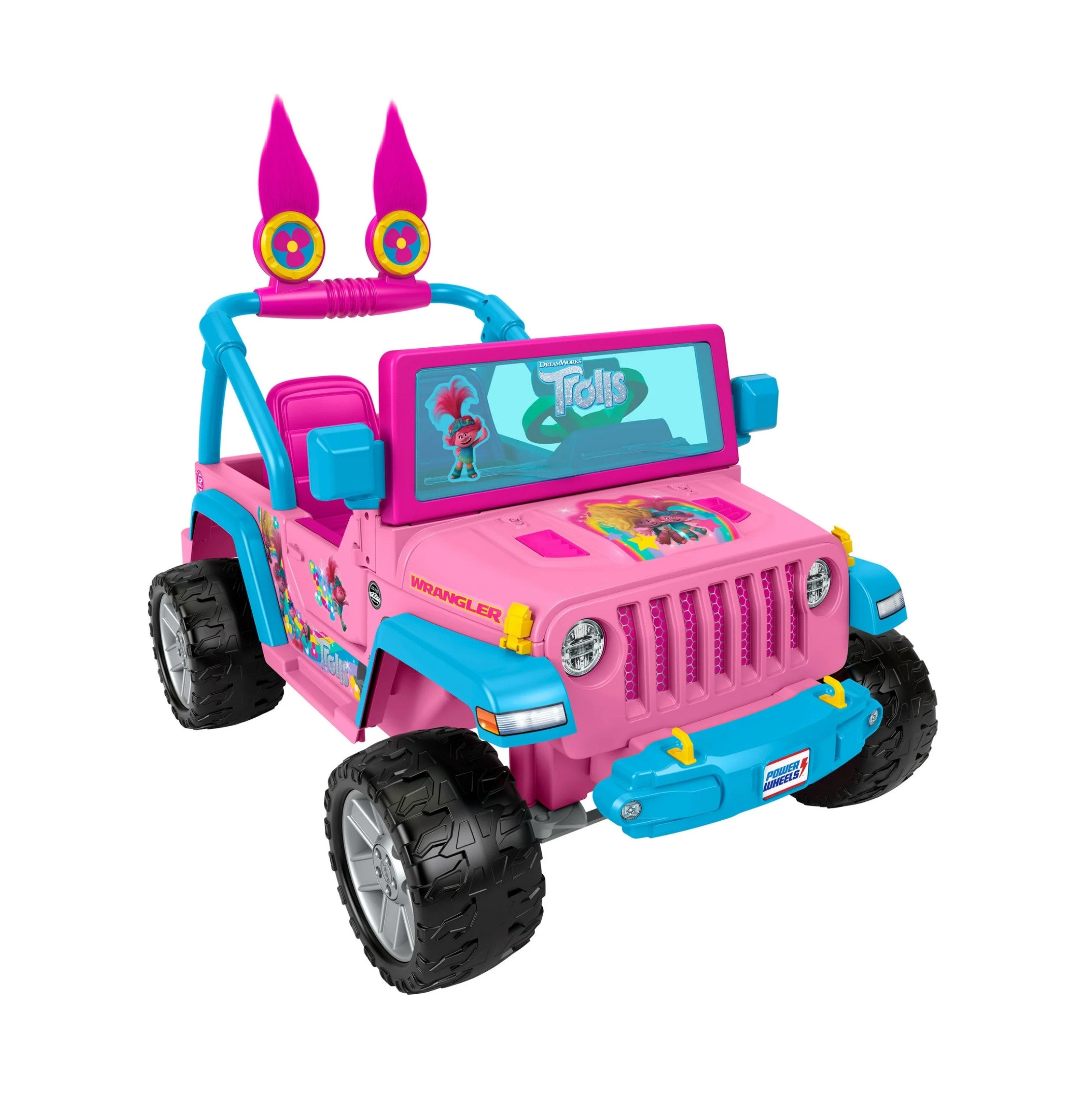 Power Wheels Trolls Jeep Wrangler 12V Ride-On Toy for Kids – 5 MPH Max Speed, Real Jeep Design, Multi-Terrain Traction, with Trolls Graphics and Sound Effects