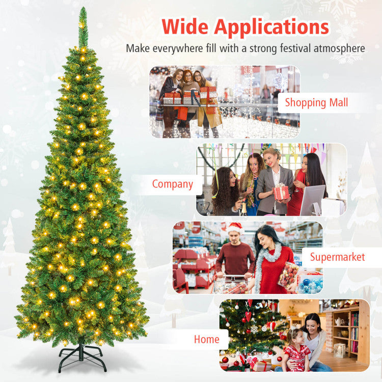 Pre-Lit Artificial Pencil Christmas Tree – Hinged, 4.5 6.5 7.5 Feet, Holiday Decor