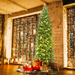 Pre-Lit Hinged Pencil Christmas Tree - 4.5ft & 7.5ft with Pine Cones & Red Berries