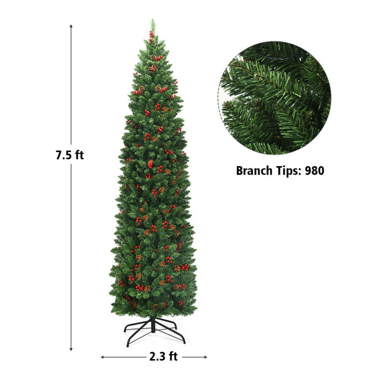 Pre-Lit Hinged Pencil Christmas Tree - 4.5ft & 7.5ft with Pine Cones & Red Berries