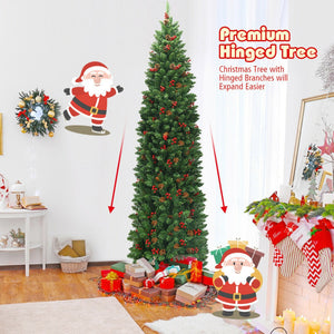 Pre-Lit Hinged Pencil Christmas Tree - 4.5ft & 7.5ft with Pine Cones & Red Berries