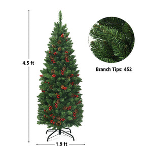 Pre-Lit Hinged Pencil Christmas Tree - 4.5ft & 7.5ft with Pine Cones & Red Berries