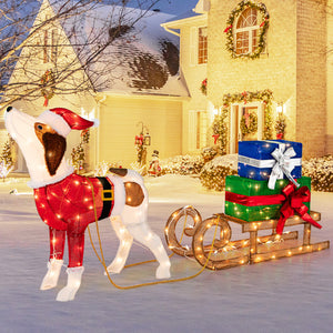 Pre-Lit Outdoor Christmas Dog and Sleigh with 170 Warm Lights – Festive Porch Decor