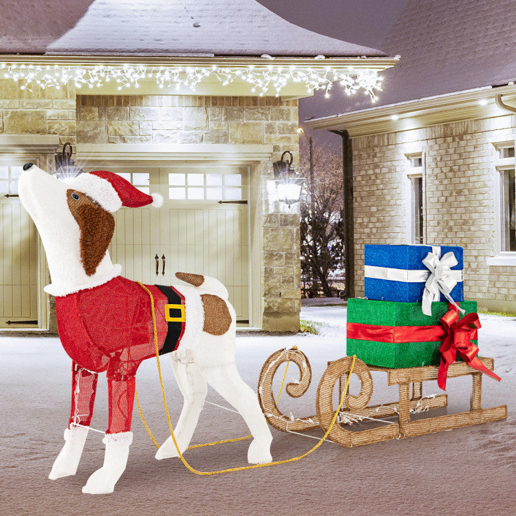 Pre-Lit Outdoor Christmas Dog and Sleigh with 170 Warm Lights – Festive Porch Decor