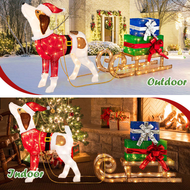 Pre-Lit Outdoor Christmas Dog and Sleigh with 170 Warm Lights – Festive Porch Decor