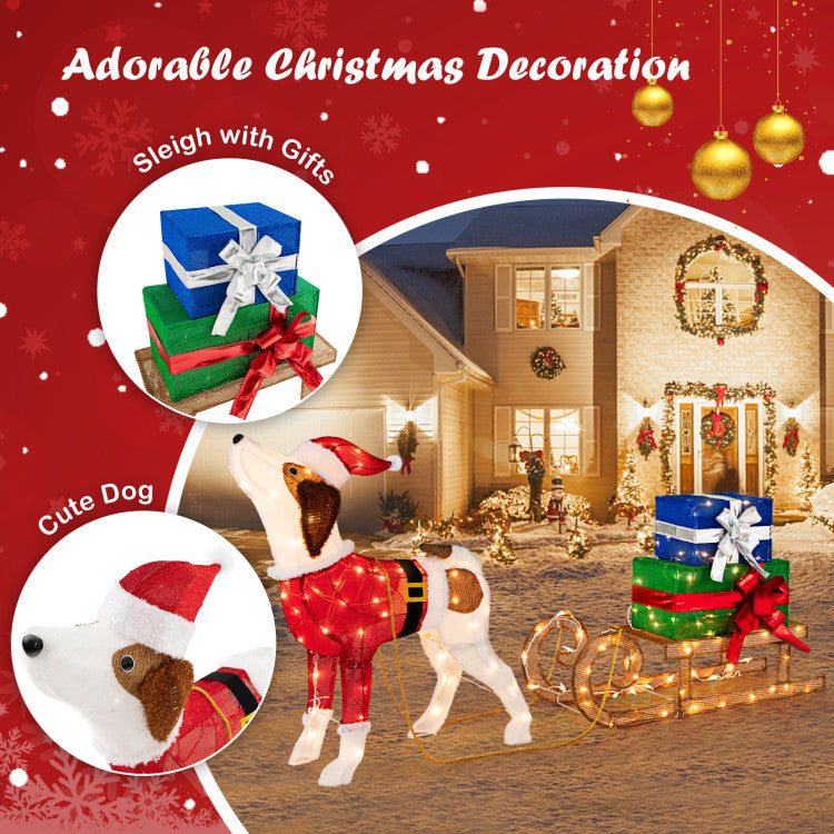 Pre-Lit Outdoor Christmas Dog and Sleigh with 170 Warm Lights – Festive Porch Decor