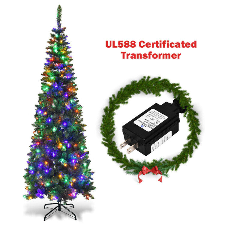 Pre-Lit Pencil Christmas Tree with LED Lights - 4.5 6.5 7.5 Feet Options