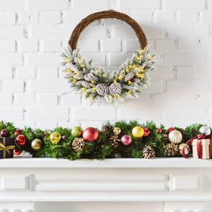 Pre-Lit Snow Flocked Christmas Wreath with 8 Pine Cones & 35 LED Lights