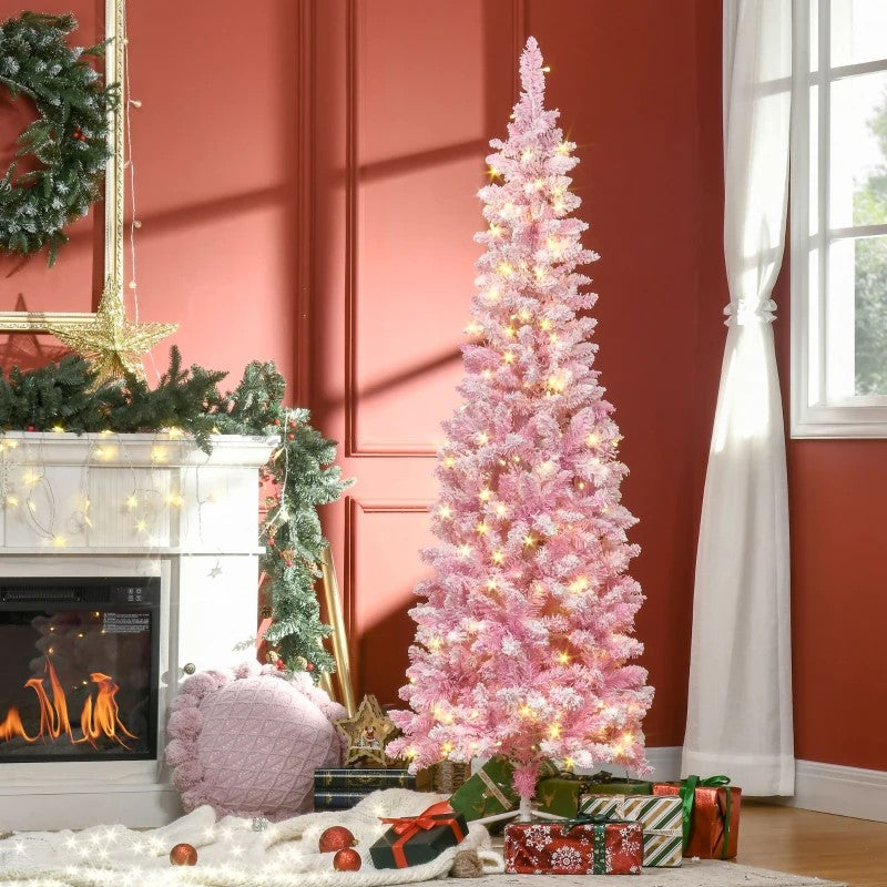 Pre-Lit Snow Flocked Pencil Christmas Tree with Realistic Pine Branches & Warm White LED