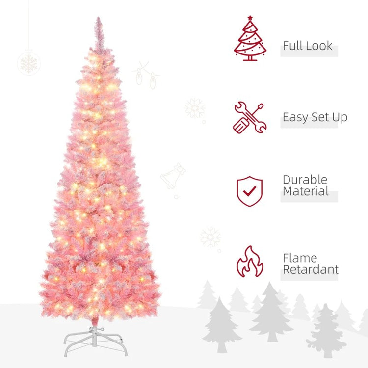 Pre-Lit Snow Flocked Pencil Christmas Tree with Realistic Pine Branches & Warm White LED