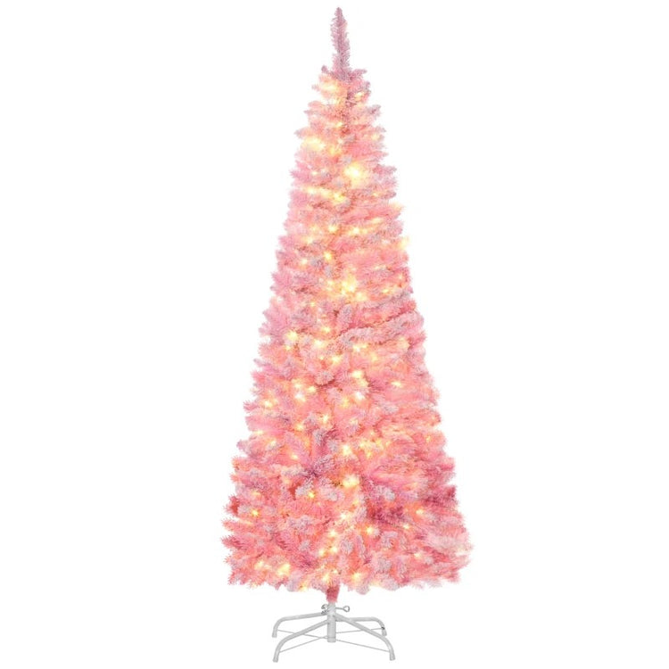 Pre-Lit Snow Flocked Pencil Christmas Tree with Realistic Pine Branches & Warm White LED