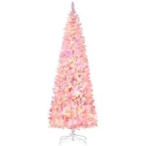 Pre-Lit Snow Flocked Pencil Christmas Tree with Realistic Pine Branches & Warm White LED