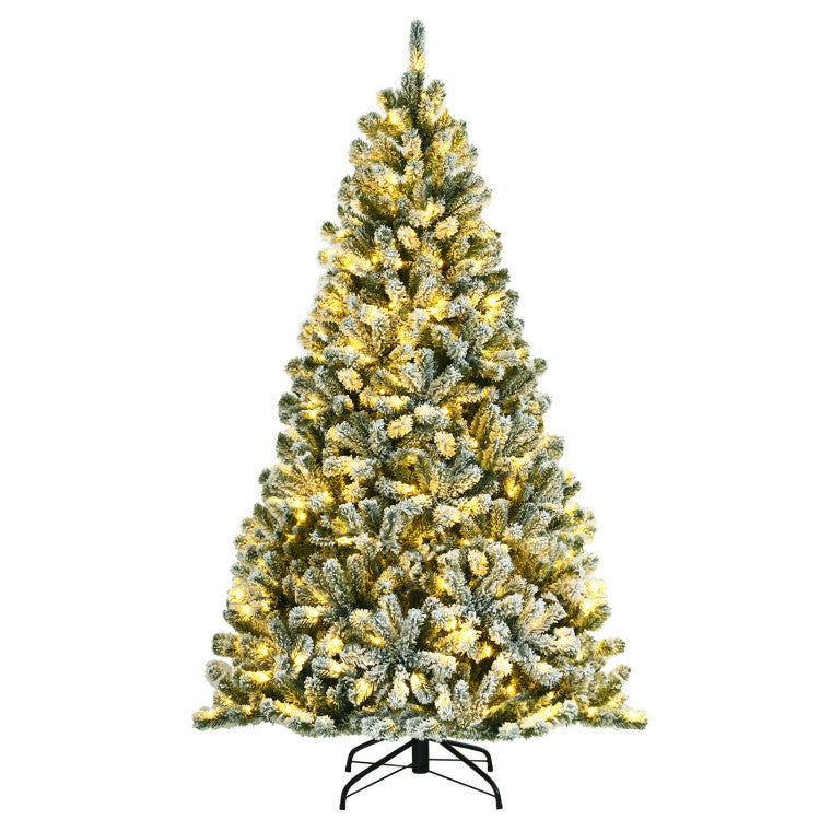 Pre-lit Snow Flocked Christmas Tree with Metal Stand, 6/7/8 Feet Tall