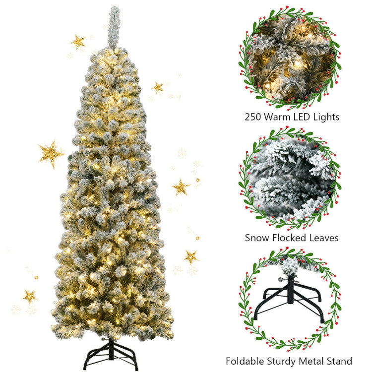 Pre-lit Snow Flocked Pencil Christmas Tree - 6ft & 7.5ft with 250 and 350 LED Lights