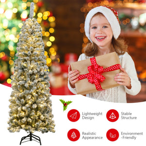 Pre-lit Snow Flocked Pencil Christmas Tree - 6ft & 7.5ft with 250 and 350 LED Lights