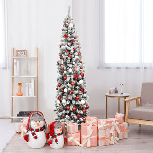 Pre-lit Snow Flocked Pencil Christmas Tree - 6ft & 7.5ft with 250 and 350 LED Lights