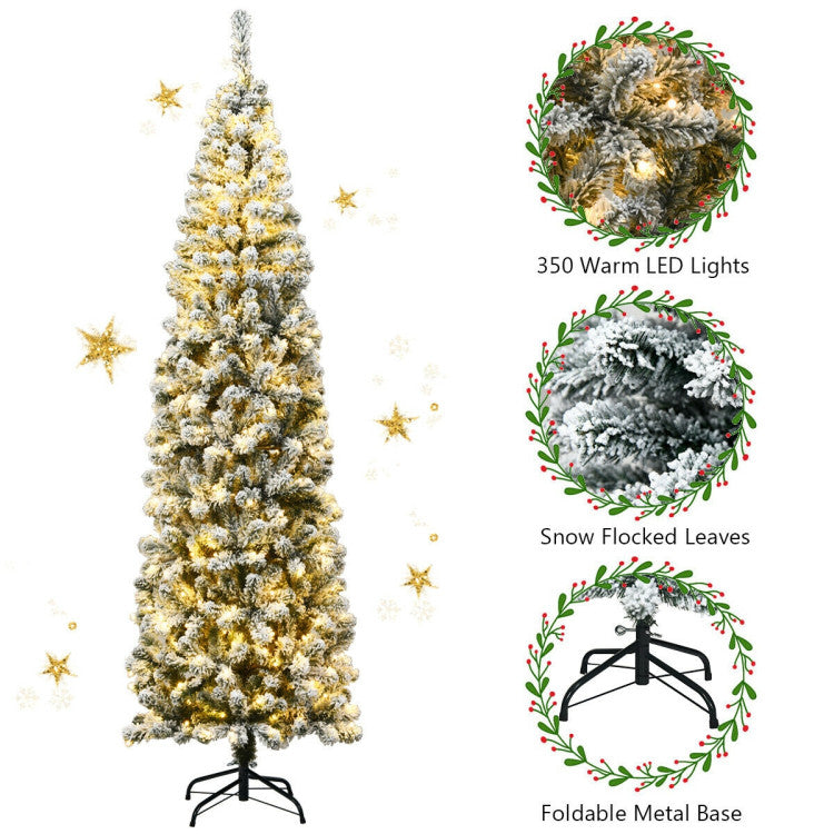 Pre-lit Snow Flocked Pencil Christmas Tree - 6ft & 7.5ft with 250 and 350 LED Lights