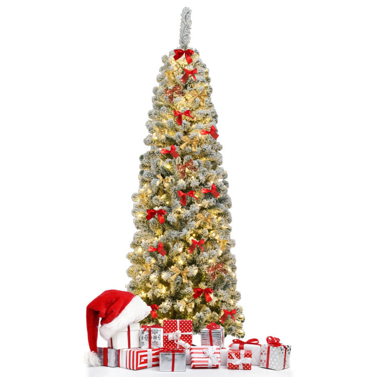 Pre-lit Snow Flocked Pencil Christmas Tree - 6ft & 7.5ft with 250 and 350 LED Lights