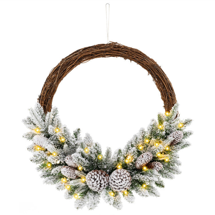 Pre-Lit Snow Flocked Christmas Wreath with 8 Pine Cones & 35 LED Lights